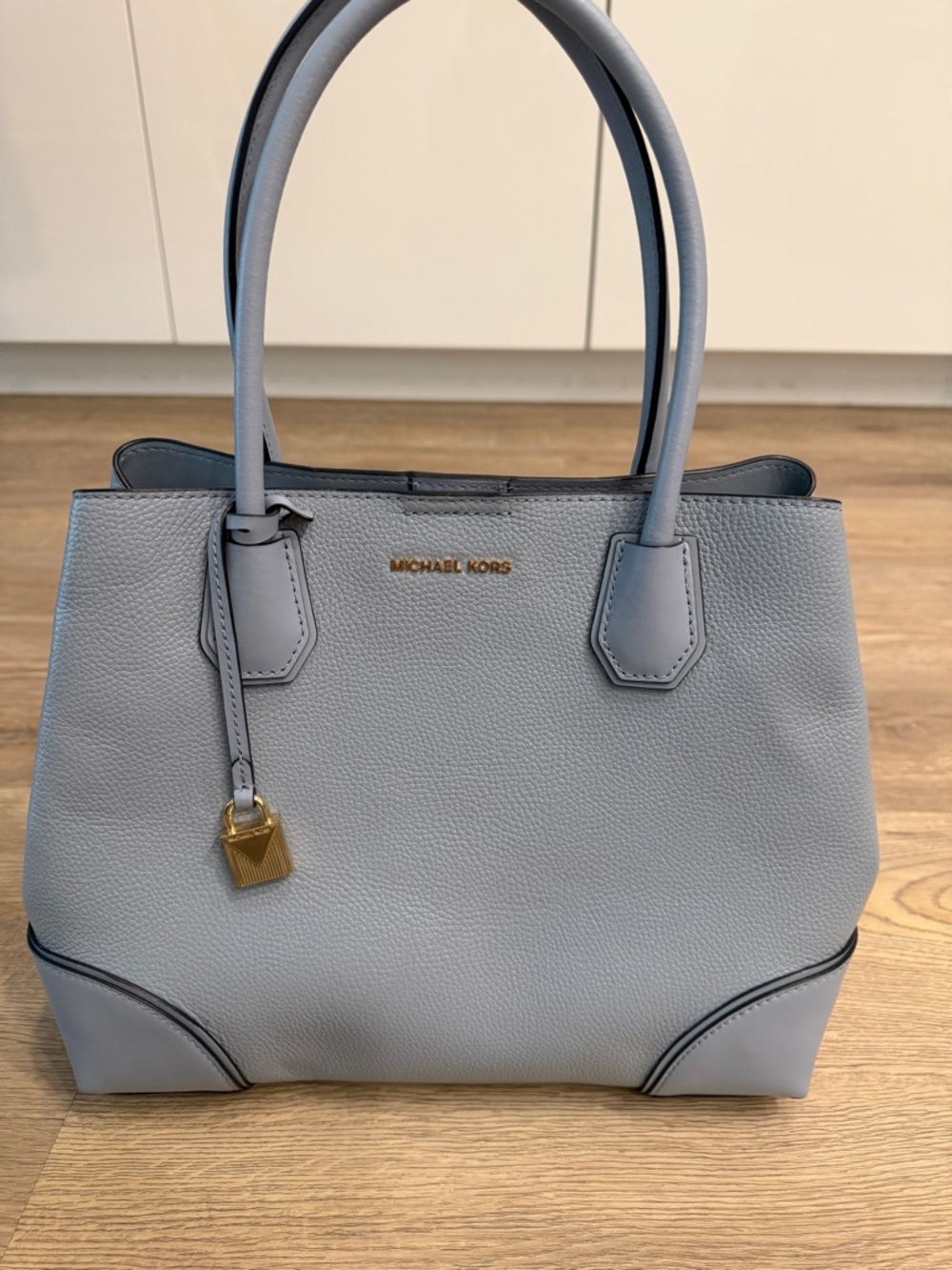 Michael Kors Pale Blue Pebbled Leather Satchel with Gold Accent